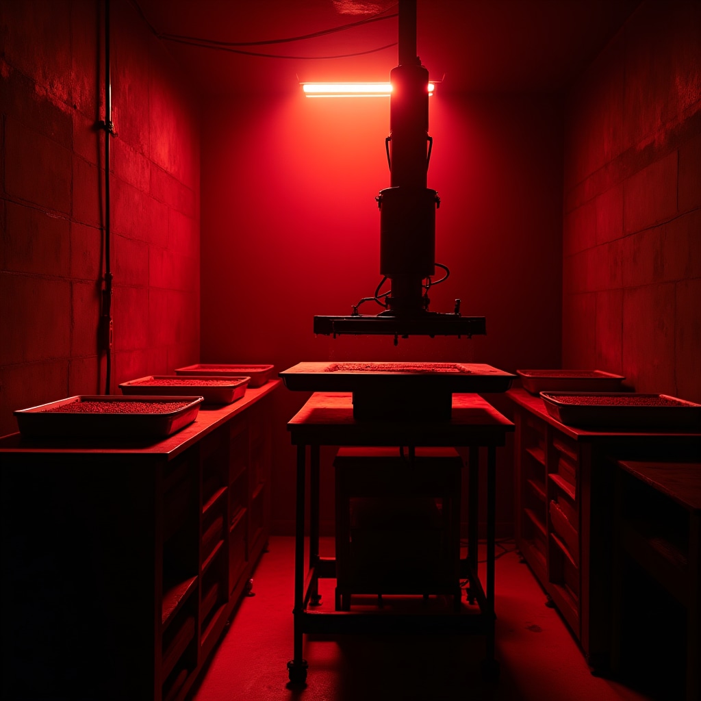 Ingranditore in camera oscura con luce rossa