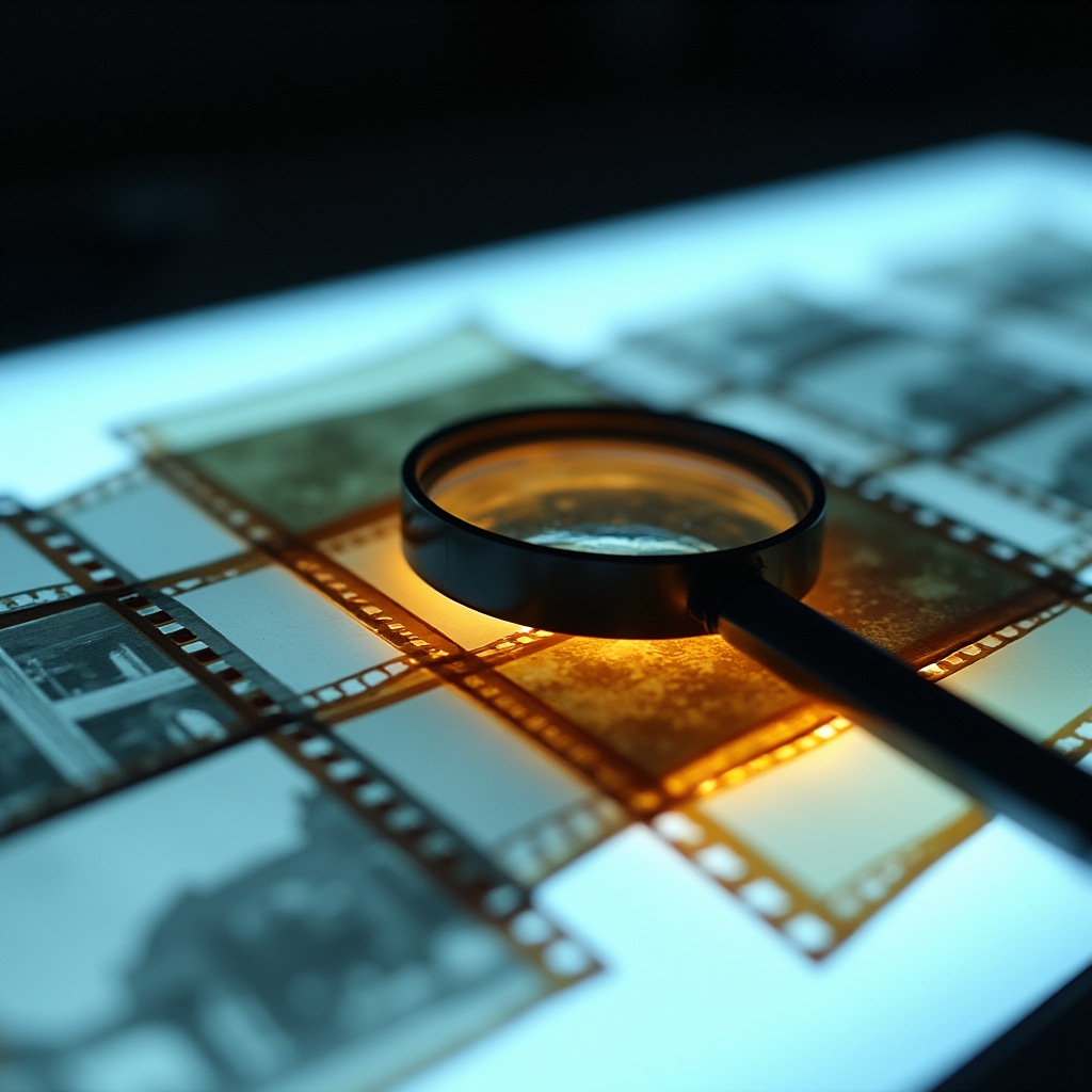 Striscia di pellicola negativa su tavolo luminoso